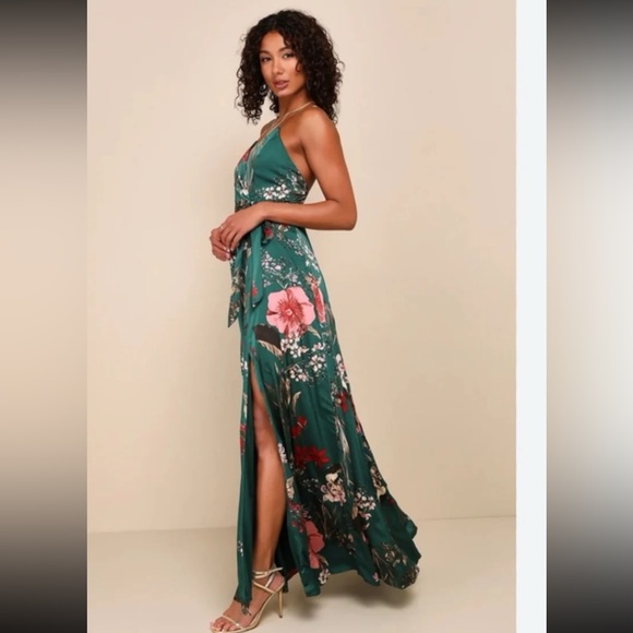 Lulus Dresses & Skirts - Lulus Still the One Emerald Green Floral Print Satin Maxi Dress size Small